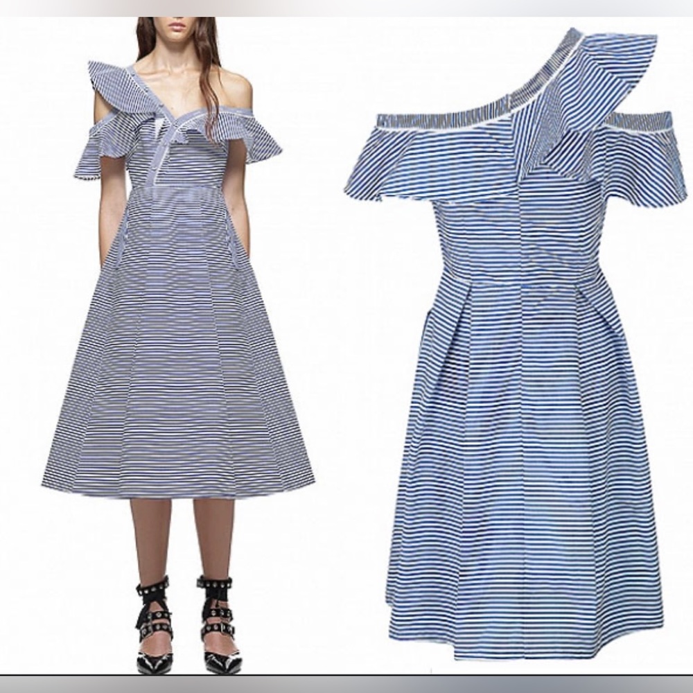 Self Portrait asymmetrical neckline midi length flare dress; size 6
